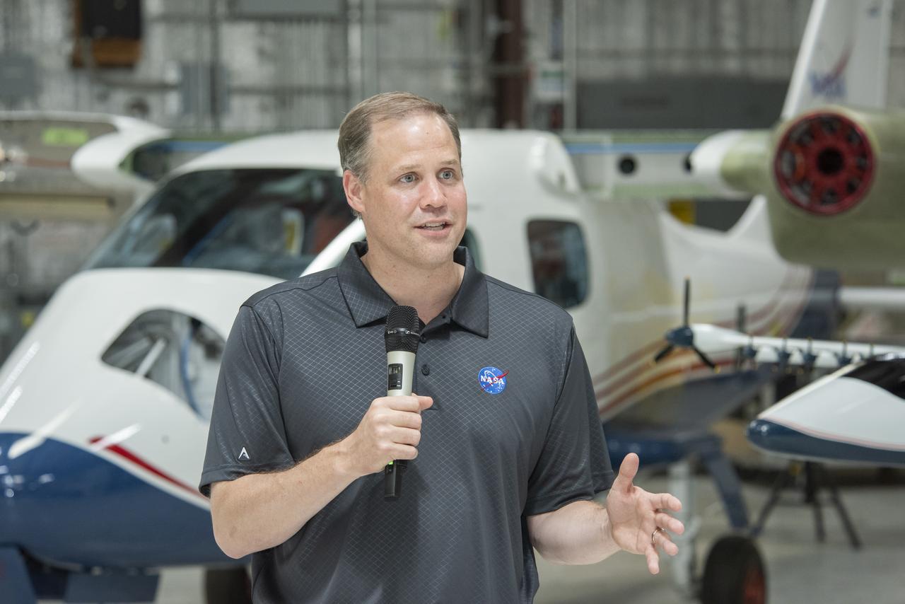 NASA Administrator Bridenstine talks to press at Scaled Composites hangar at Mojave Air & Space Port in California. He talks about X-planes and their future and the Flight Opportunities program as well as commercial space partnerships with the agency.