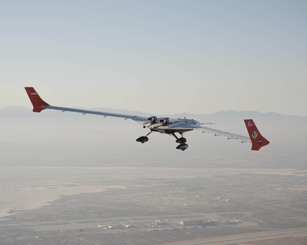 The X-56A flies a research flight in the skies above Edwards Air Force Base.
