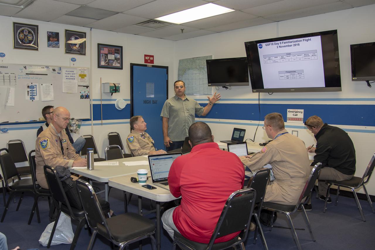 NASA pilots, engineers, and communications specialists brief the day’s operations prior to a supersonic research flight for QSF18, taking off from Ellington Field in Houston, Texas. The flights are meant to validate NASA’s techniques and technology for gather community feedback data for X-59’s Low-Boom Flight Demonstration mission.