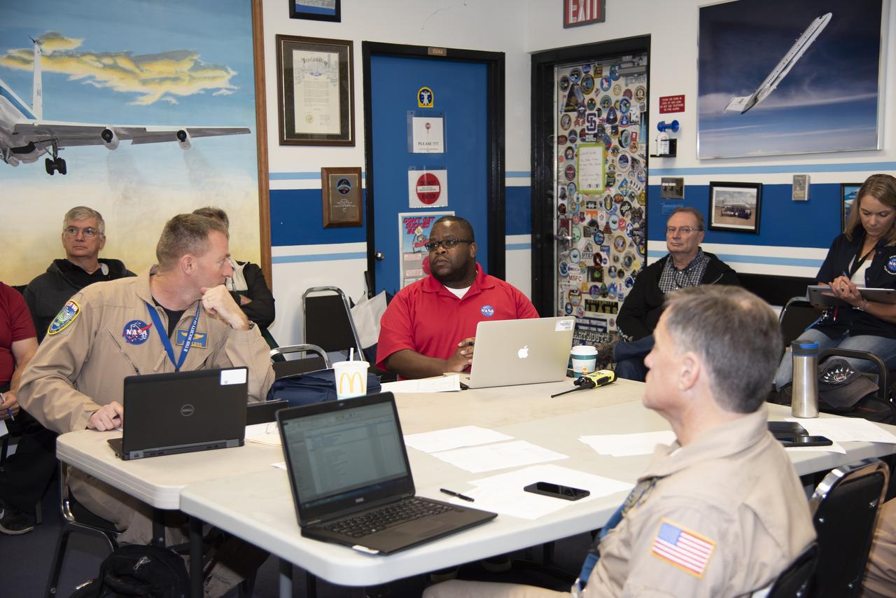 NASA pilots, engineers, and communications specialists brief the day’s operations prior to a supersonic research flight for QSF18, taking off from Ellington Field in Houston, Texas. The flights are meant to validate NASA’s techniques and technology for gather community feedback data for X-59’s Low-Boom Flight Demonstration mission.