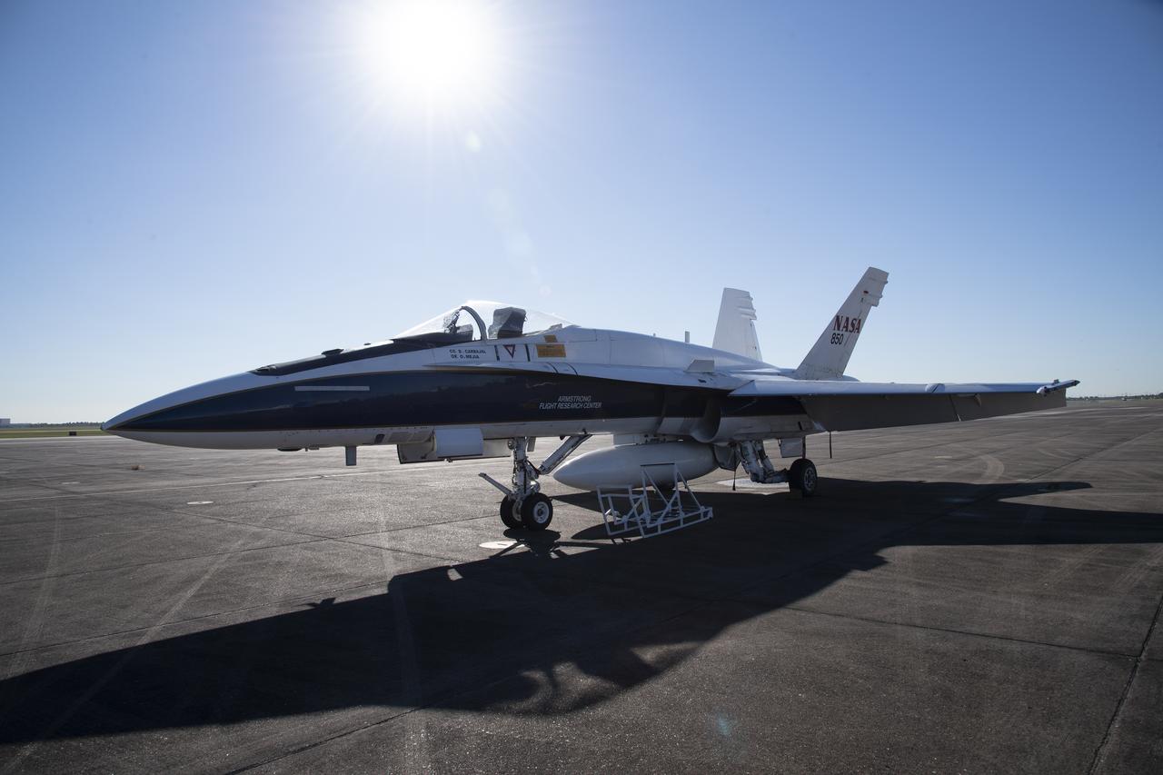 NASA’s F/A-18 research aircraft stands ready prior to a QSF18 supersonic research flight off the coast of Galveston, Texas.