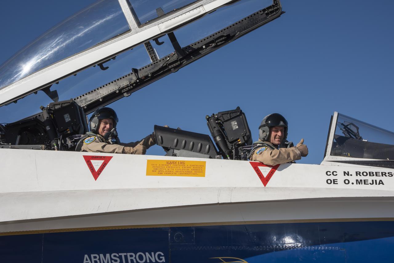 NASA Armstrong Flight Research Center test pilots Jim "Clue" Less (front) and Wayne "Ringo" Ringelberg (back) taxi out in a NASA F/A-18 at Ellington Field in Houston, Texas, in preparation of a training flight for the Quiet Supersonic Flights 2018 series, or QSF18. The QSF18 flights will provide NASA with feedback necessary to validate community response techniques for future quiet supersonic research flights for the X-59 Quiet SuperSonic Technology, or QueSST.