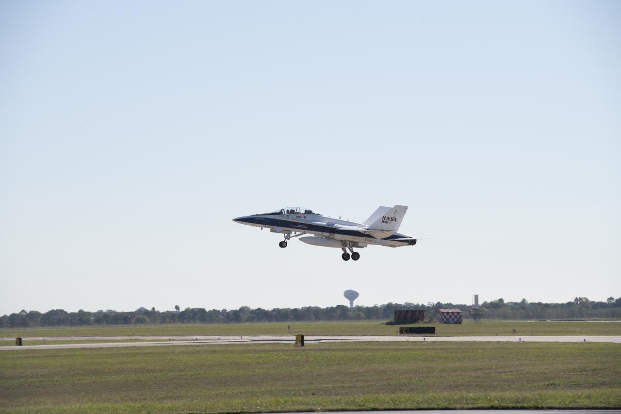NASA's F/A-18 research aircraft takes off from Ellington Field in Houston, Texas for a quiet supersonic research flight off the coast of Galveston, as part of the QSF18 flight series. The F/A-18 will climb to 50,000 feet over the Gulf of Mexico, where it will perform the quiet supersonic dive maneuver.