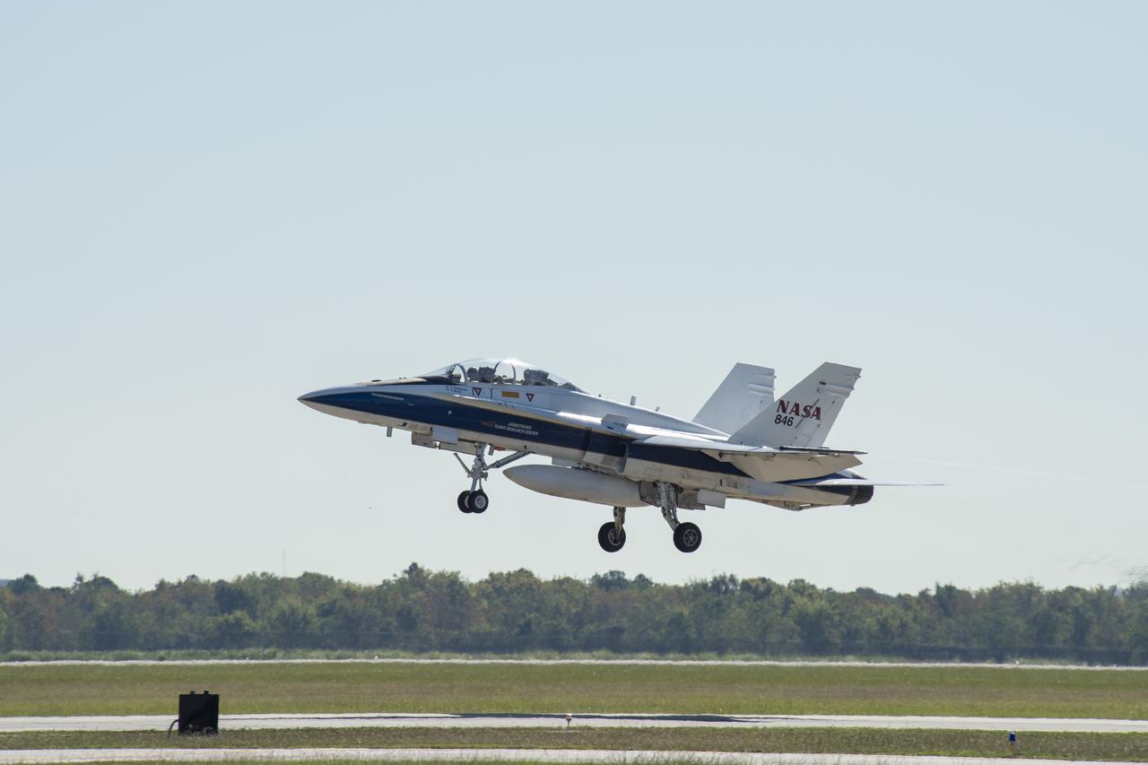 NASA's F/A-18 research aircraft takes off from Ellington Field in Houston, Texas for a quiet supersonic research flight off the coast of Galveston, as part of the QSF18 flight series. The F/A-18 will climb to 50,000 feet over the Gulf of Mexico, where it will perform the quiet supersonic dive maneuver.