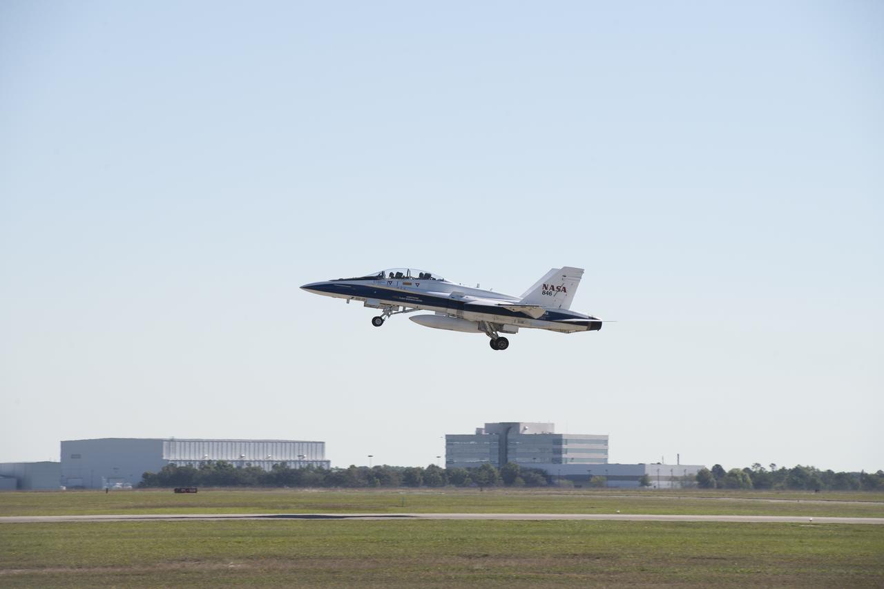 NASA's F/A-18 research aircraft takes off from Ellington Field in Houston, Texas for a quiet supersonic research flight off the coast of Galveston, as part of the QSF18 flight series. The F/A-18 will climb to 50,000 feet over the Gulf of Mexico, where it will perform the quiet supersonic dive maneuver.