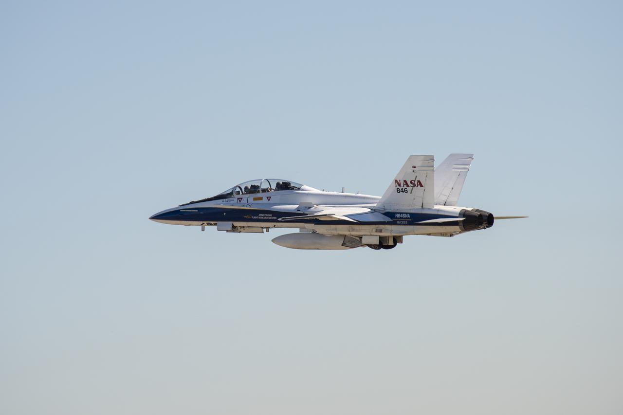 NASA’s F/A-18 research aircraft takes off from Ellington Field in Houston, Texas for a quiet supersonic research flight off the coast of Galveston, as part of the QSF18 flight series. The F/A-18 will climb to 50,000 feet over the Gulf of Mexico, where it will perform the quiet supersonic dive maneuver.