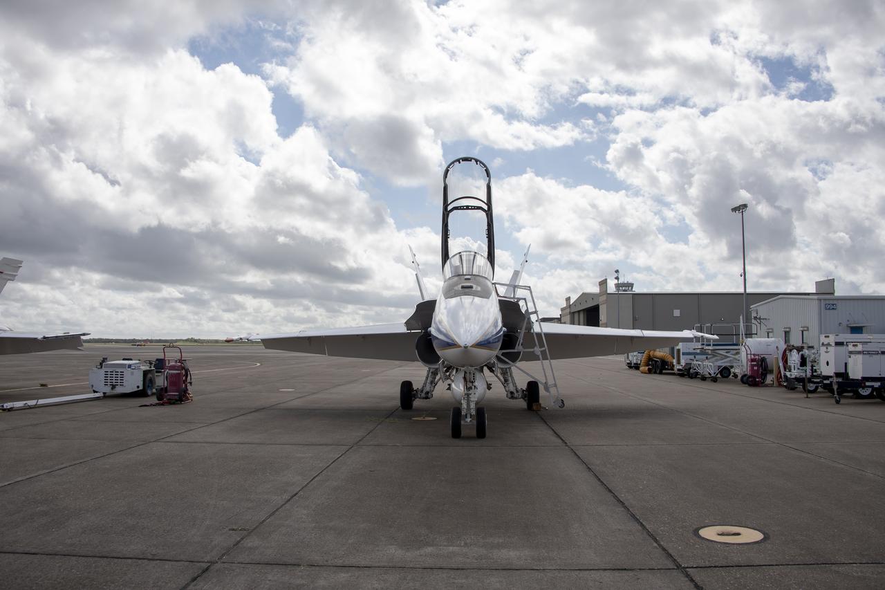 NASA's F/A-18 research aircraft stands ready prior to a QSF18 supersonic research flight off the coast of Galveston, Texas.
