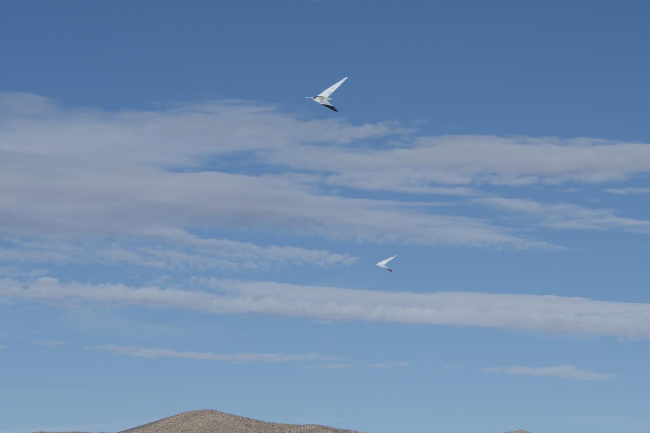 NASA Armstrong Flight Research Center conducted its first formation flight with the Preliminary Research Aerodynamic Design to Lower Drag (Prandtl) aircrafts Prandtl-D2 and Prandtl-3C.