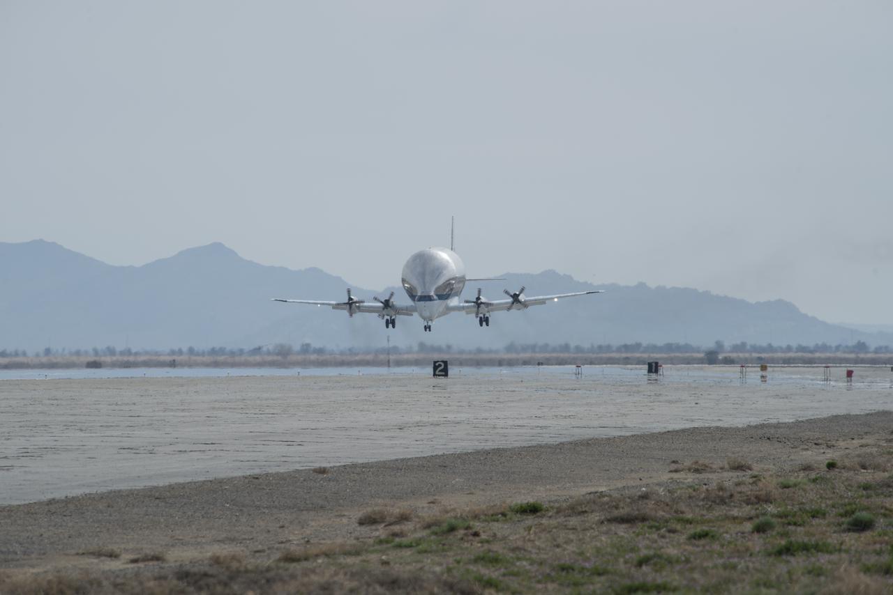 NASA's Super Guppy cargo transport aircraft coming in for landing at Plant 42 in Palmdale, California on April 1, 2019.