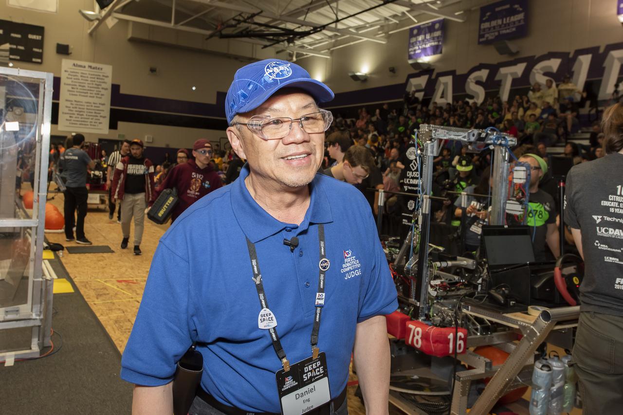 NASA Systems Engineer Daniel Eng serves his second year as a judge for the Aerospace Valley Robotics Competition at the Palmdale Aerospace Academy in Palmdale, California, in 2019. 