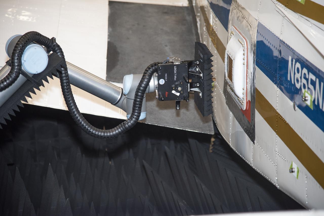 Tests were conducted with a robotic antenna scanner at NASA's Armstrong Flight Research Center in California. The scanner was used to test the in-situ radiation pattern of the conformal antenna to verify its performance parameters before being tested on an aircraft.