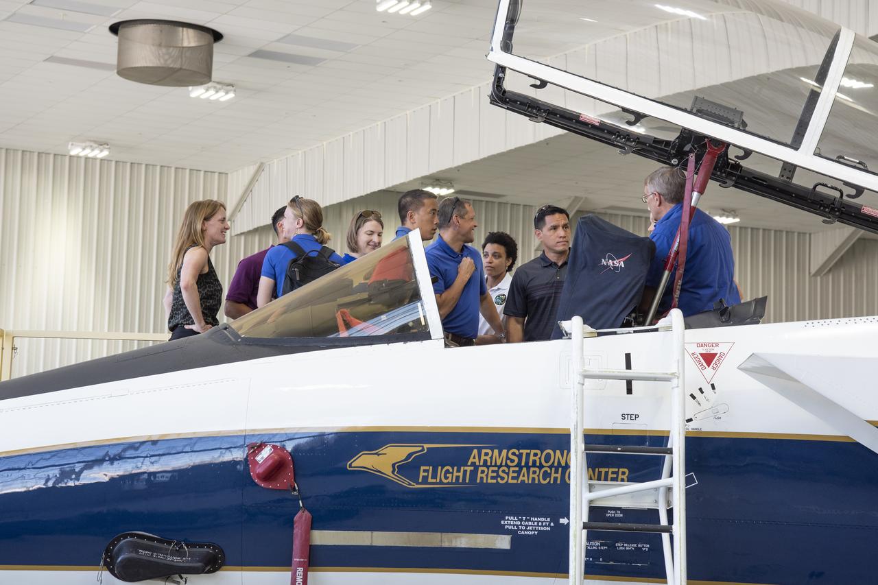 NASA's 2017 astronaut candidates toured aircraft hangar at Armstrong Flight Research Center, in Southern California where they checked out a F-15 cockpit. The center is using its fleet of supersonic research support aircraft for sonic boom research, including the F-15, which will fly in tandem with the X-59 QueSST during early flight test stages, and the F-18, which is conducting supersonic research in support of the overall mission.