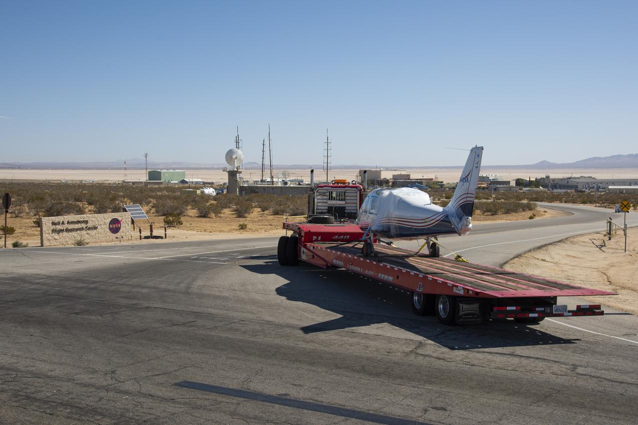 NASA's all-electric X-57 Maxwell, in its Mod II configuration, arrives at NASAâ's Armstrong Flight Research Center in Edwards, California. The X-plane was delivered by prime contractor Empirical Systems Aerospace of San Luis Obispo, California, in two parts, with the wing separated from the fuselage, to aid in a more timely delivery. X-57 is NASA's first crewed X-plane in two decades, and seeks to further advance the design and airworthiness process for distributed electric propulsion technology for general aviation aircraft.