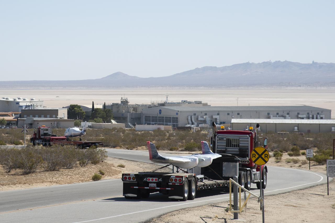 NASA’s all-electric X-57 Maxwell, in its Mod II configuration, arrives at NASA’s Armstrong Flight Research Center in Edwards, California. The X-plane was delivered by prime contractor Empirical Systems Aerospace of San Luis Obispo, California, in two parts, with the wing separated from the fuselage, to aid in a more timely delivery. X-57 is NASA’s first crewed X-plane in two decades, and seeks to further advance the design and airworthiness process for distributed electric propulsion technology for general aviation aircraft.