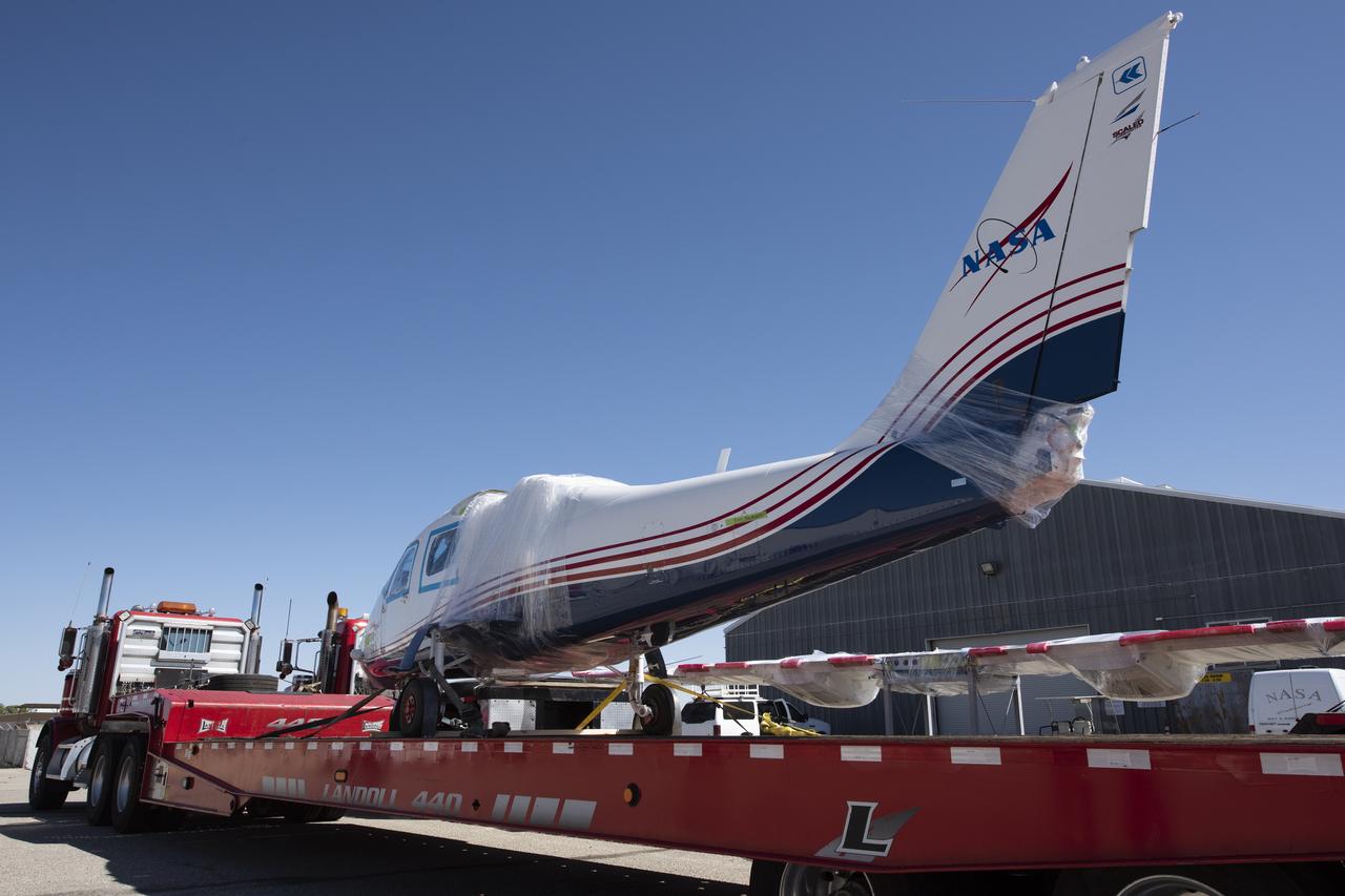 NASA’s all-electric X-57 Maxwell, in its Mod II configuration, arrives at NASA’s Armstrong Flight Research Center in Edwards, California. The X-plane was delivered by prime contractor Empirical Systems Aerospace of San Luis Obispo, California, in two parts, with the wing separated from the fuselage, to aid in a more timely delivery. X-57 is NASA’s first crewed X-plane in two decades, and seeks to further advance the design and airworthiness process for distributed electric propulsion technology for general aviation aircraft.