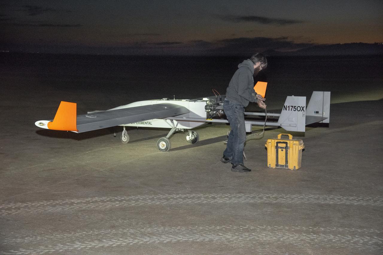 The Navmar Applied Sciences Corporation’s TigerShark prepares for its final takeoff at Edwards Air Force Base for the Unmanned Aircraft Systems integration in the National Airspace Systems, Flight Test Series Six (FT6) project. FT6 flight tests took place at NASA’s Armstrong Flight Research Center in California and focused on low size weight and power sensors for Detect and Avoid (DAA) operations in controlled airspace to inform the FAA through the RTCA Special Committee DAA Working Group on the phase 2 minimum operational performance standards for DAA and air-to-air radar.