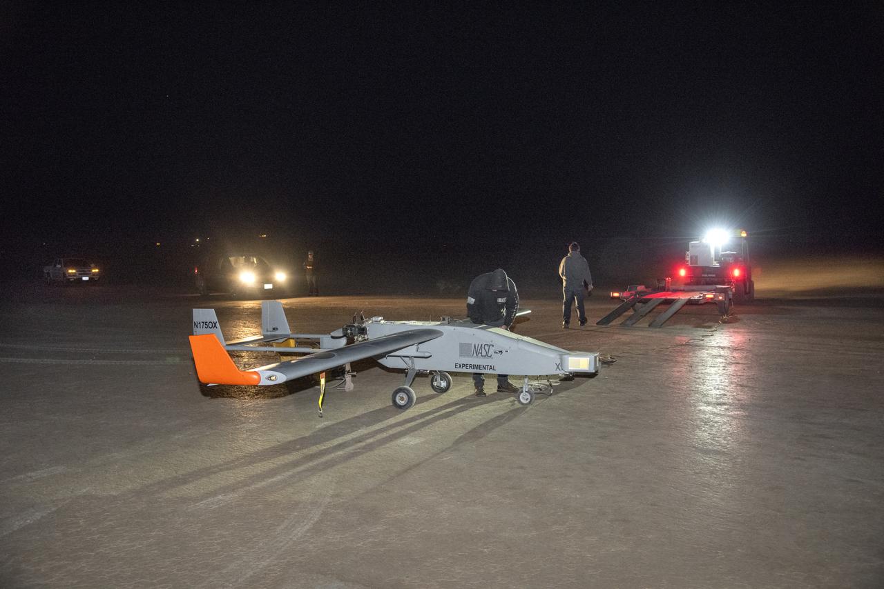 The Navmar Applied Sciences Corporation’s TigerShark prepares for its final takeoff at Edwards Air Force Base for the Unmanned Aircraft Systems integration in the National Airspace Systems, Flight Test Series Six (FT6) project. FT6 flight tests took place at NASA’s Armstrong Flight Research Center in California and focused on low size weight and power sensors for Detect and Avoid (DAA) operations in controlled airspace to inform the FAA through the RTCA Special Committee DAA Working Group on the phase 2 minimum operational performance standards for DAA and air-to-air radar.