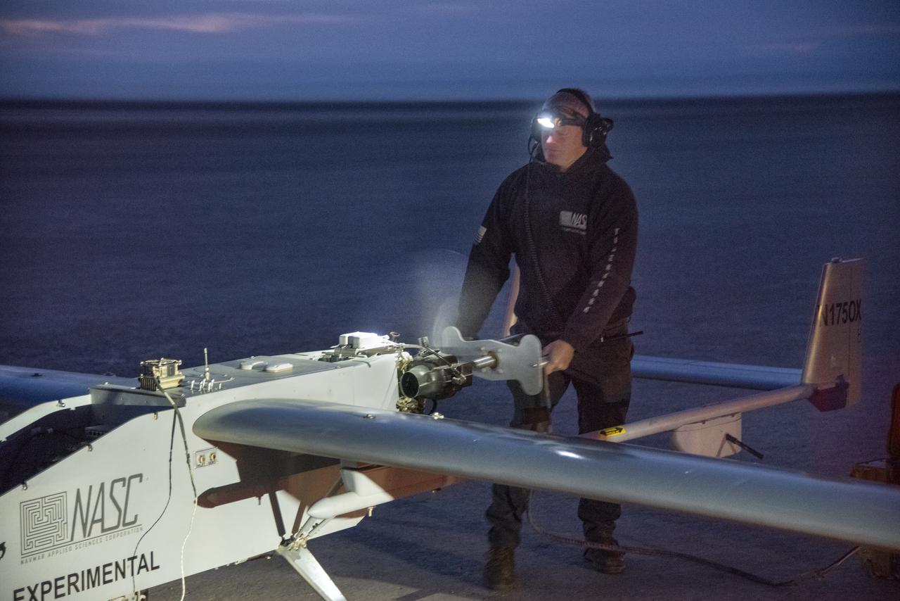 The Navmar Applied Sciences Corporation’s TigerShark prepares for its final takeoff at Edwards Air Force Base for the Unmanned Aircraft Systems integration in the National Airspace Systems, Flight Test Series Six (FT6) project. FT6 flight tests took place at NASA’s Armstrong Flight Research Center in California and focused on low size weight and power sensors for Detect and Avoid (DAA) operations in controlled airspace to inform the FAA through the RTCA Special Committee DAA Working Group on the phase 2 minimum operational performance standards for DAA and air-to-air radar.