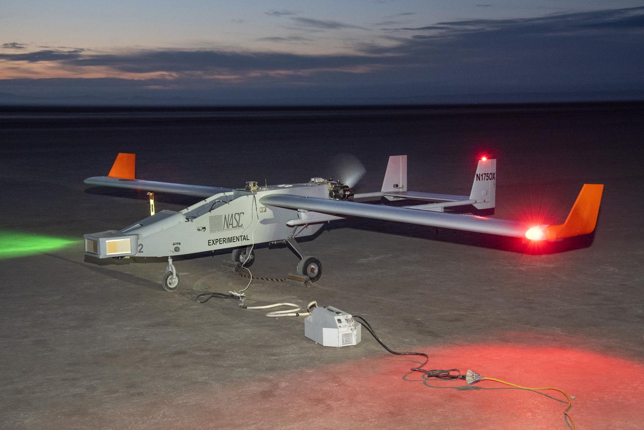 The Navmar Applied Sciences Corporation’s TigerShark prepares for its final takeoff at Edwards Air Force Base for the Unmanned Aircraft Systems integration in the National Airspace Systems, Flight Test Series Six (FT6) project. FT6 flight tests took place at NASA’s Armstrong Flight Research Center in California and focused on low size weight and power sensors for Detect and Avoid (DAA) operations in controlled airspace to inform the FAA through the RTCA Special Committee DAA Working Group on the phase 2 minimum operational performance standards for DAA and air-to-air radar.