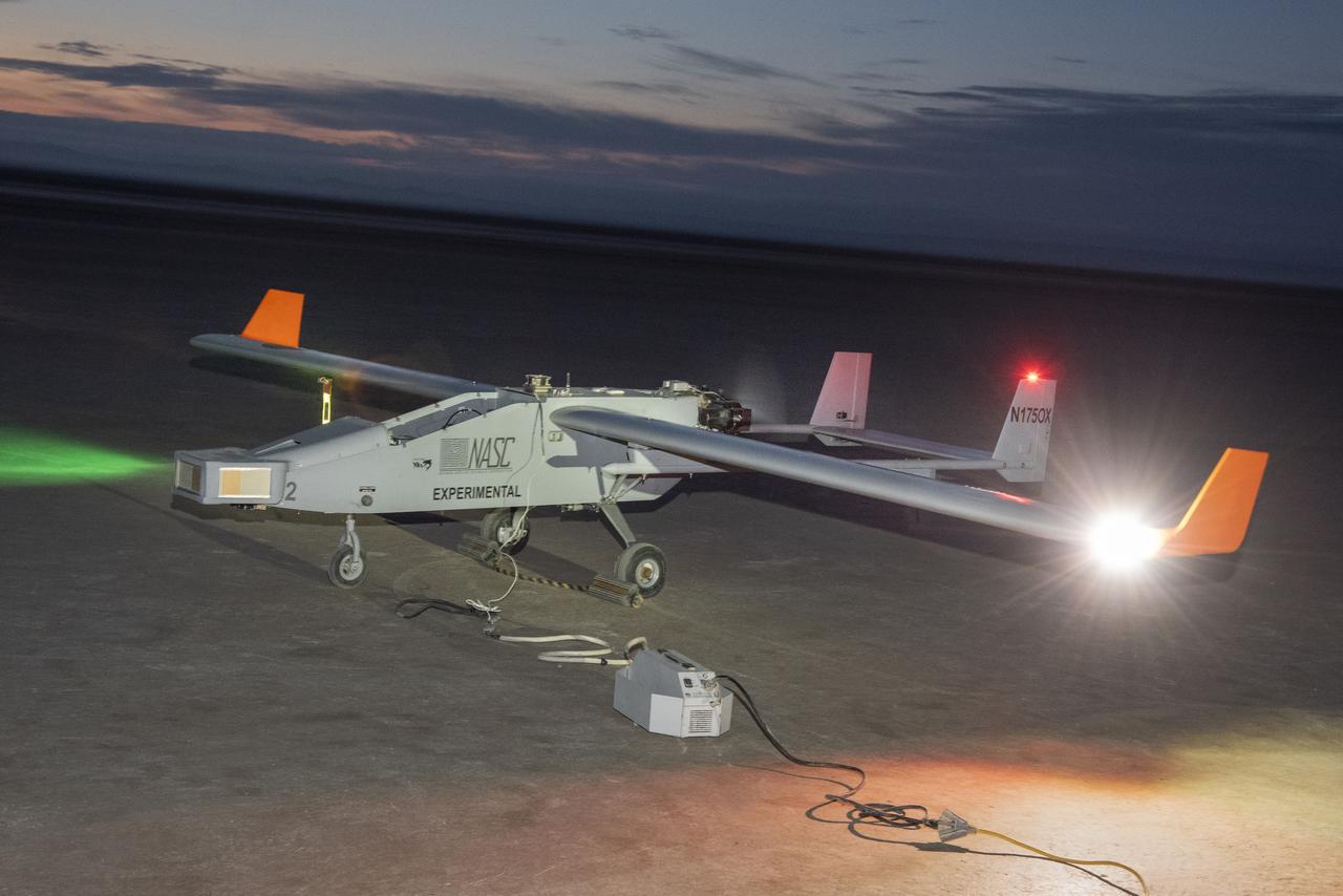 The Navmar Applied Sciences Corporation’s TigerShark prepares for its final takeoff at Edwards Air Force Base for the Unmanned Aircraft Systems integration in the National Airspace Systems, Flight Test Series Six (FT6) project. FT6 flight tests took place at NASA’s Armstrong Flight Research Center in California and focused on low size weight and power sensors for Detect and Avoid (DAA) operations in controlled airspace to inform the FAA through the RTCA Special Committee DAA Working Group on the phase 2 minimum operational performance standards for DAA and air-to-air radar.