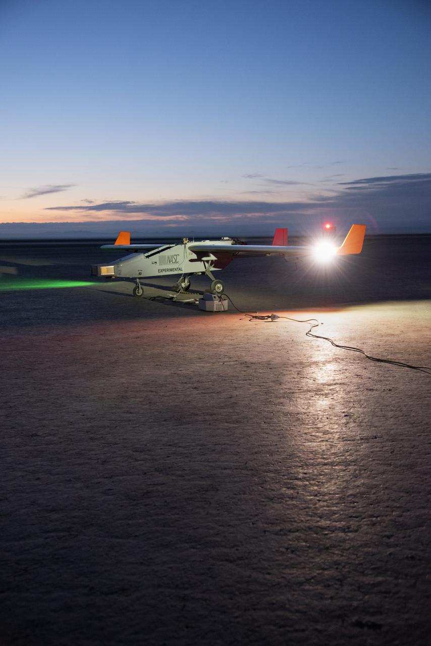 The Navmar Applied Sciences Corporation’s TigerShark prepares for its final takeoff at Edwards Air Force Base for the Unmanned Aircraft Systems integration in the National Airspace Systems, Flight Test Series Six (FT6) project. FT6 flight tests took place at NASA’s Armstrong Flight Research Center in California and focused on low size weight and power sensors for Detect and Avoid (DAA) operations in controlled airspace to inform the FAA through the RTCA Special Committee DAA Working Group on the phase 2 minimum operational performance standards for DAA and air-to-air radar.