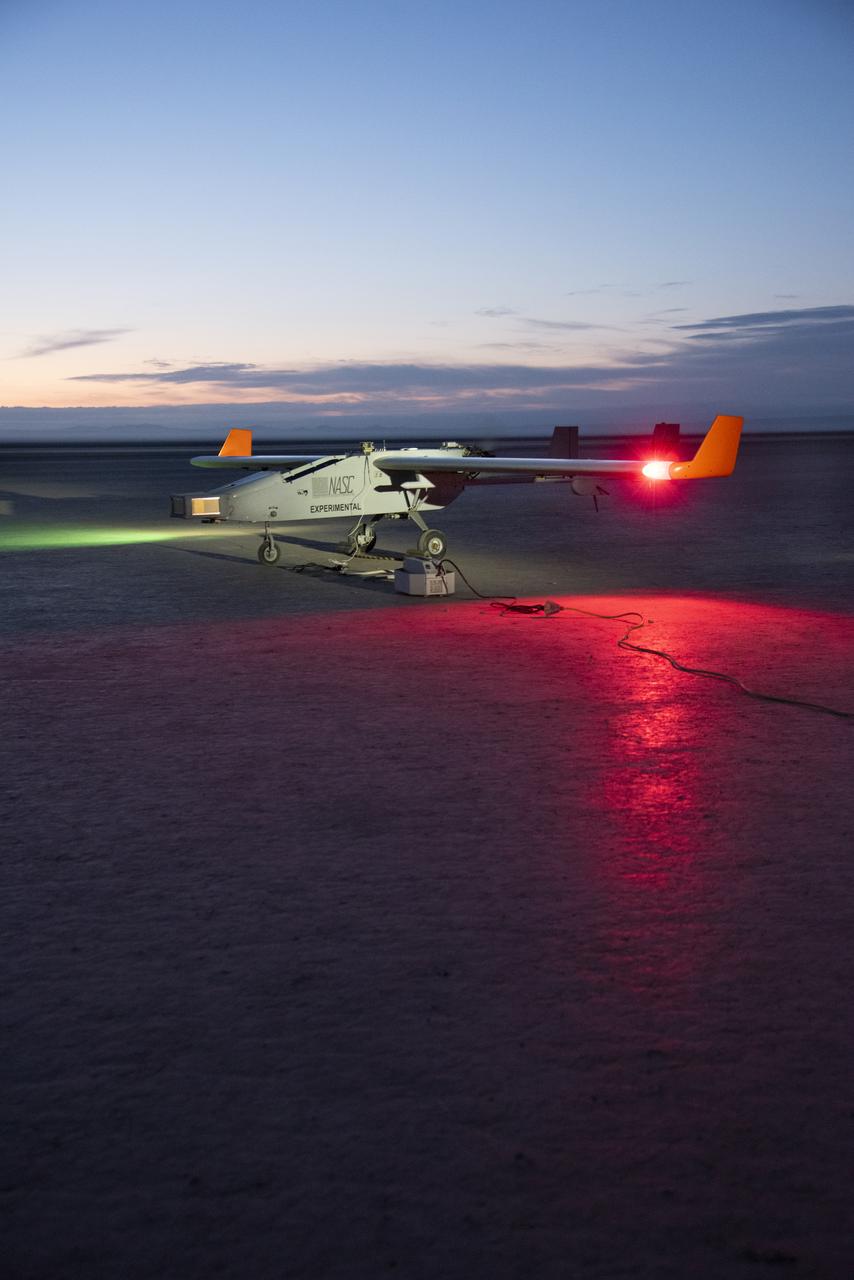 The Navmar Applied Sciences Corporation’s TigerShark prepares for its final takeoff at Edwards Air Force Base for the Unmanned Aircraft Systems integration in the National Airspace Systems, Flight Test Series Six (FT6) project. FT6 flight tests took place at NASA’s Armstrong Flight Research Center in California and focused on low size weight and power sensors for Detect and Avoid (DAA) operations in controlled airspace to inform the FAA through the RTCA Special Committee DAA Working Group on the phase 2 minimum operational performance standards for DAA and air-to-air radar.