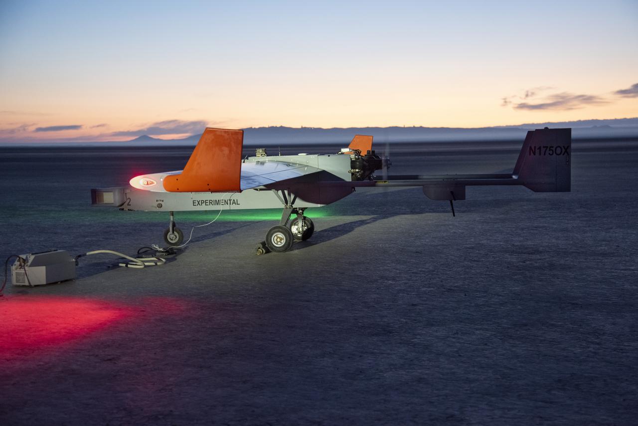 The Navmar Applied Sciences Corporation’s TigerShark prepares for its final takeoff at Edwards Air Force Base for the Unmanned Aircraft Systems integration in the National Airspace Systems, Flight Test Series Six (FT6) project. FT6 flight tests took place at NASA’s Armstrong Flight Research Center in California and focused on low size weight and power sensors for Detect and Avoid (DAA) operations in controlled airspace to inform the FAA through the RTCA Special Committee DAA Working Group on the phase 2 minimum operational performance standards for DAA and air-to-air radar.