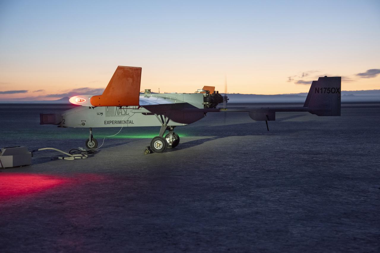 The Navmar Applied Sciences Corporation’s TigerShark prepares for its final takeoff at Edwards Air Force Base for the Unmanned Aircraft Systems integration in the National Airspace Systems, Flight Test Series Six (FT6) project. FT6 flight tests took place at NASA’s Armstrong Flight Research Center in California and focused on low size weight and power sensors for Detect and Avoid (DAA) operations in controlled airspace to inform the FAA through the RTCA Special Committee DAA Working Group on the phase 2 minimum operational performance standards for DAA and air-to-air radar.