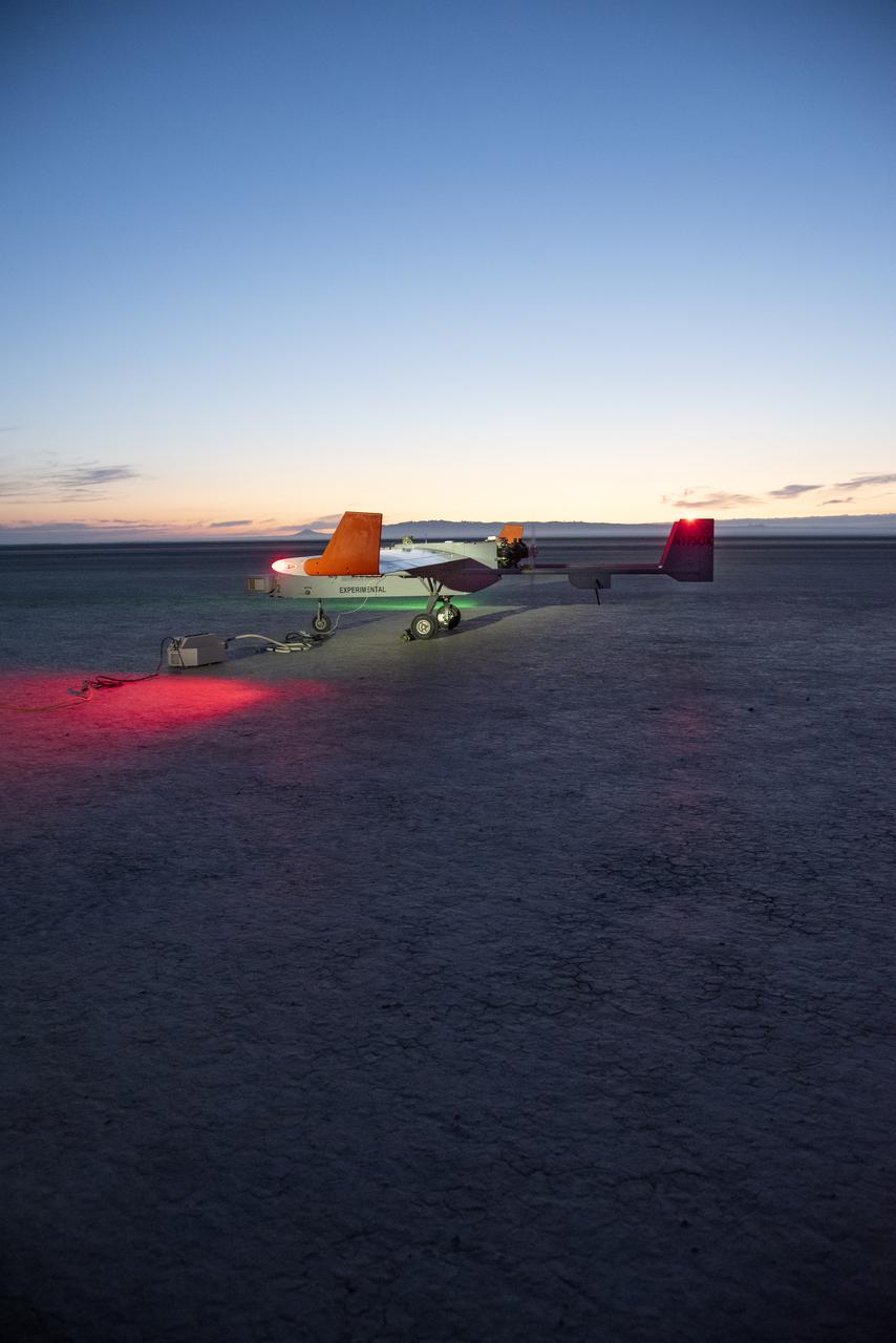 The Navmar Applied Sciences Corporation’s TigerShark prepares for its final takeoff at Edwards Air Force Base for the Unmanned Aircraft Systems integration in the National Airspace Systems, Flight Test Series Six (FT6) project. FT6 flight tests took place at NASA’s Armstrong Flight Research Center in California and focused on low size weight and power sensors for Detect and Avoid (DAA) operations in controlled airspace to inform the FAA through the RTCA Special Committee DAA Working Group on the phase 2 minimum operational performance standards for DAA and air-to-air radar.