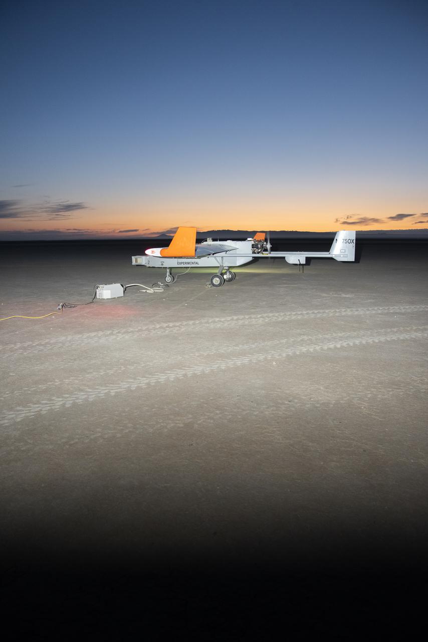 The Navmar Applied Sciences Corporation’s TigerShark prepares for its final takeoff at Edwards Air Force Base for the Unmanned Aircraft Systems integration in the National Airspace Systems, Flight Test Series Six (FT6) project. FT6 flight tests took place at NASA’s Armstrong Flight Research Center in California and focused on low size weight and power sensors for Detect and Avoid (DAA) operations in controlled airspace to inform the FAA through the RTCA Special Committee DAA Working Group on the phase 2 minimum operational performance standards for DAA and air-to-air radar.