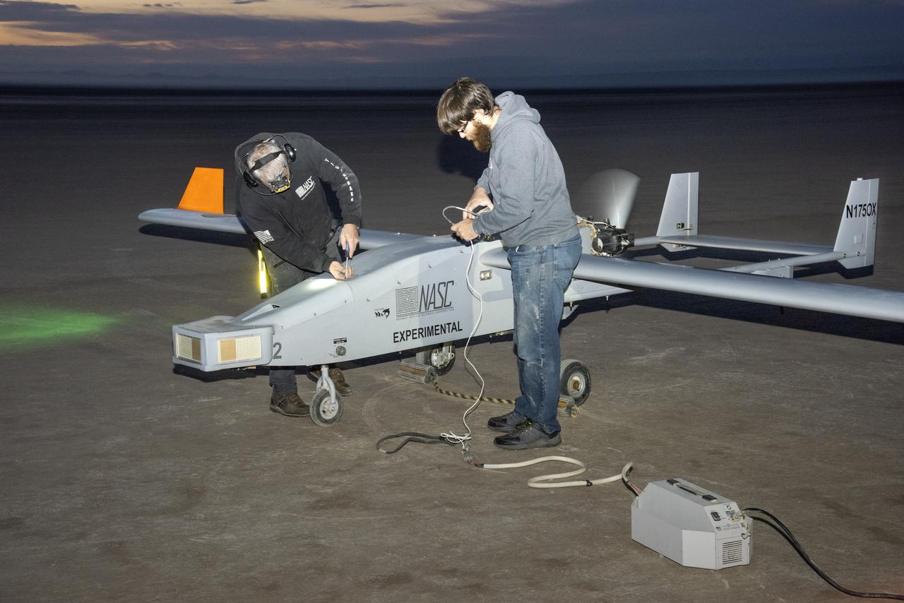The Navmar Applied Sciences Corporation’s TigerShark prepares for its final takeoff at Edwards Air Force Base for the Unmanned Aircraft Systems integration in the National Airspace Systems, Flight Test Series Six (FT6) project. FT6 flight tests took place at NASA’s Armstrong Flight Research Center in California and focused on low size weight and power sensors for Detect and Avoid (DAA) operations in controlled airspace to inform the FAA through the RTCA Special Committee DAA Working Group on the phase 2 minimum operational performance standards for DAA and air-to-air radar.