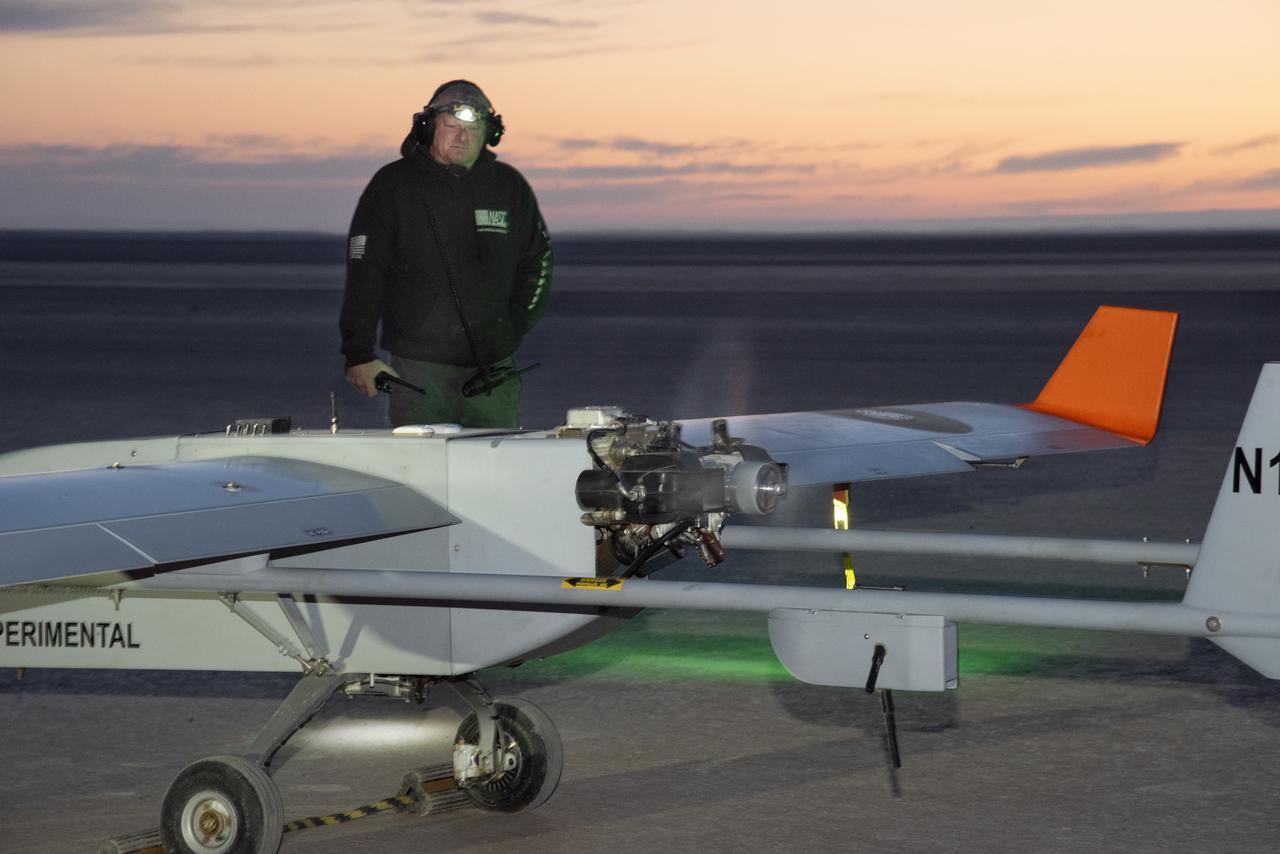 The Navmar Applied Sciences Corporation’s TigerShark prepares for its final takeoff at Edwards Air Force Base for the Unmanned Aircraft Systems integration in the National Airspace Systems, Flight Test Series Six (FT6) project. FT6 flight tests took place at NASA’s Armstrong Flight Research Center in California and focused on low size weight and power sensors for Detect and Avoid (DAA) operations in controlled airspace to inform the FAA through the RTCA Special Committee DAA Working Group on the phase 2 minimum operational performance standards for DAA and air-to-air radar.