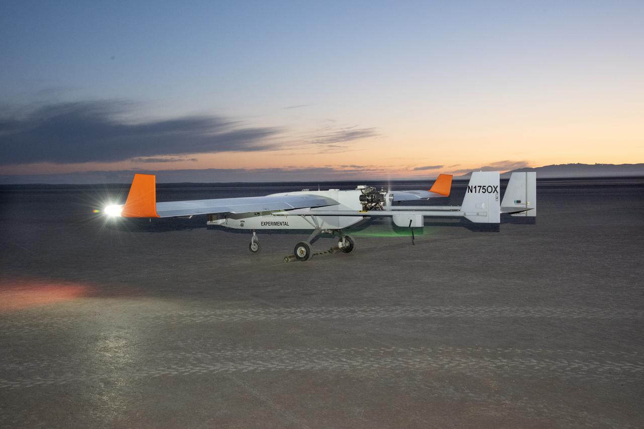 The Navmar Applied Sciences Corporation’s TigerShark prepares for its final takeoff at Edwards Air Force Base for the Unmanned Aircraft Systems integration in the National Airspace Systems, Flight Test Series Six (FT6) project. FT6 flight tests took place at NASA’s Armstrong Flight Research Center in California and focused on low size weight and power sensors for Detect and Avoid (DAA) operations in controlled airspace to inform the FAA through the RTCA Special Committee DAA Working Group on the phase 2 minimum operational performance standards for DAA and air-to-air radar.