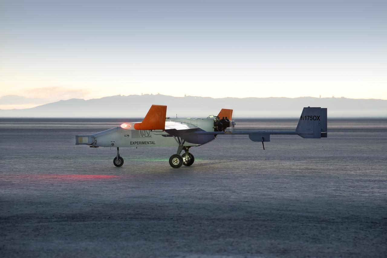 The Navmar Applied Sciences Corporation’s TigerShark prepares for its final takeoff at Edwards Air Force Base for the Unmanned Aircraft Systems integration in the National Airspace Systems, Flight Test Series Six (FT6) project. FT6 flight tests took place at NASA’s Armstrong Flight Research Center in California and focused on low size weight and power sensors for Detect and Avoid (DAA) operations in controlled airspace to inform the FAA through the RTCA Special Committee DAA Working Group on the phase 2 minimum operational performance standards for DAA and air-to-air radar.