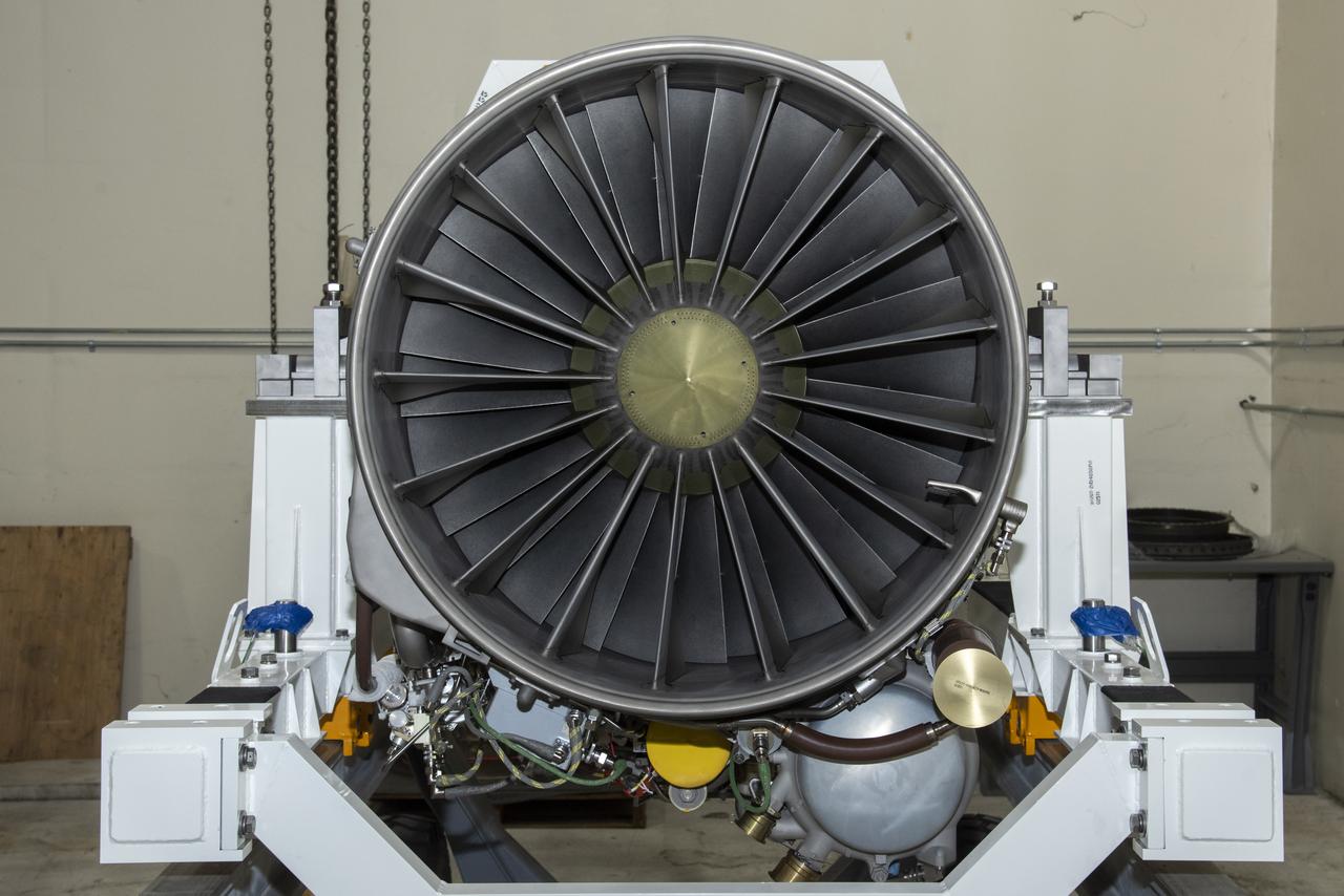 The F414-GE-100 engine, which will power NASA’s X-59 Quiet SuperSonic Technology X-plane (QueSST) in flight, is unboxed at NASA’s Armstrong Flight Research Center in Edwards, California. The engine, one of two delivered by GE, is approximately 13 feet long, and will power X-59 on missions to gather information about how the public perceives the sounds of quieter supersonic flight. 