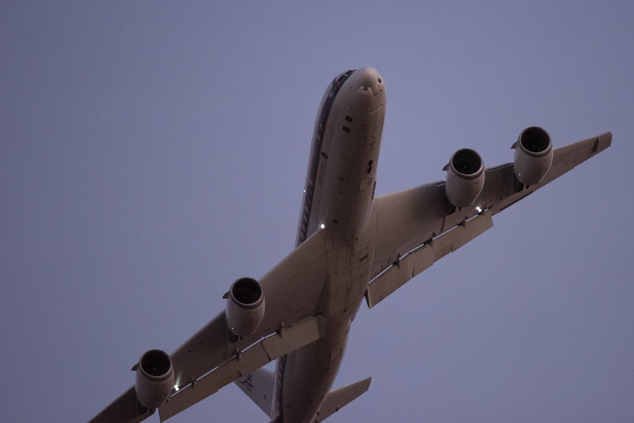 DC-8 lifts off from Air Force Plant 42 in Palmdale, Calif., at sunset.