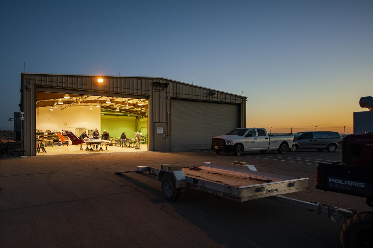 Preparations begin before dawn for the X-56B remotely piloted aircraft for a new flight series. The flight was April 19 at NASA's Armstrong Flight Research Center in Edwards, California, with partner Northrop Grumman.
