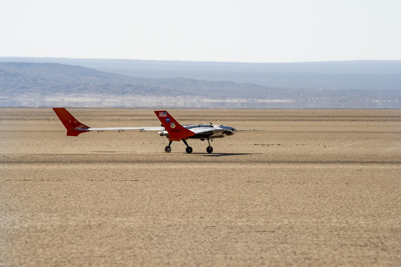 The X-56B remotely piloted aircraft prepares to takeoff to begin a new flight series. The flight was April 19 at NASA's Armstrong Flight Research Center in Edwards, California, with partner Northrop Grumman.