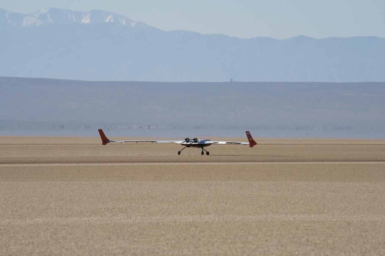 The X-56B remotely piloted aircraft prepares to takeoff to begin a new flight series. The flight was April 19 at NASA's Armstrong Flight Research Center in Edwards, California, with partner Northrop Grumman.