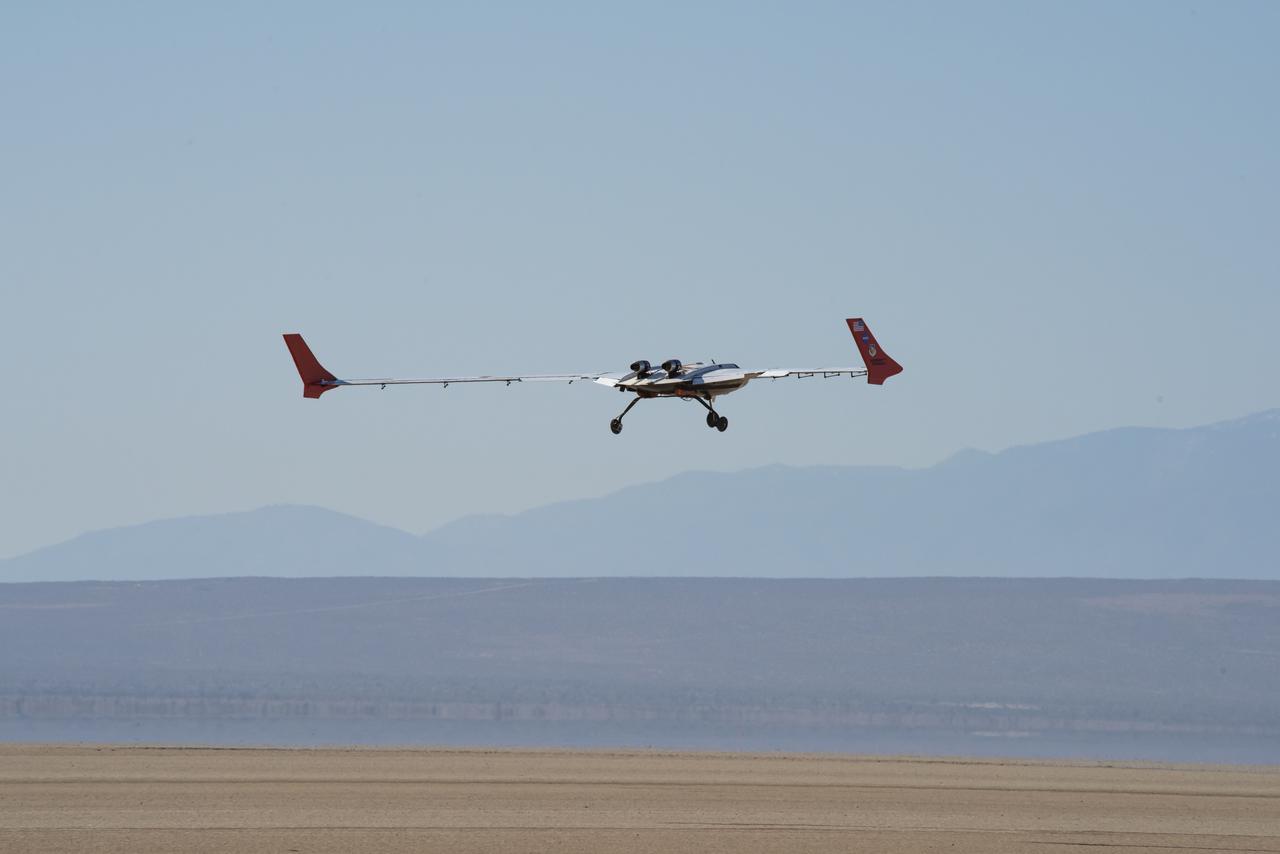 The X-56B remotely piloted aircraft prepares for a landing following the first of a new flight series. The flight was April 19 at NASA’s Armstrong Flight Research Center in Edwards, California, with partner Northrop Grumman.