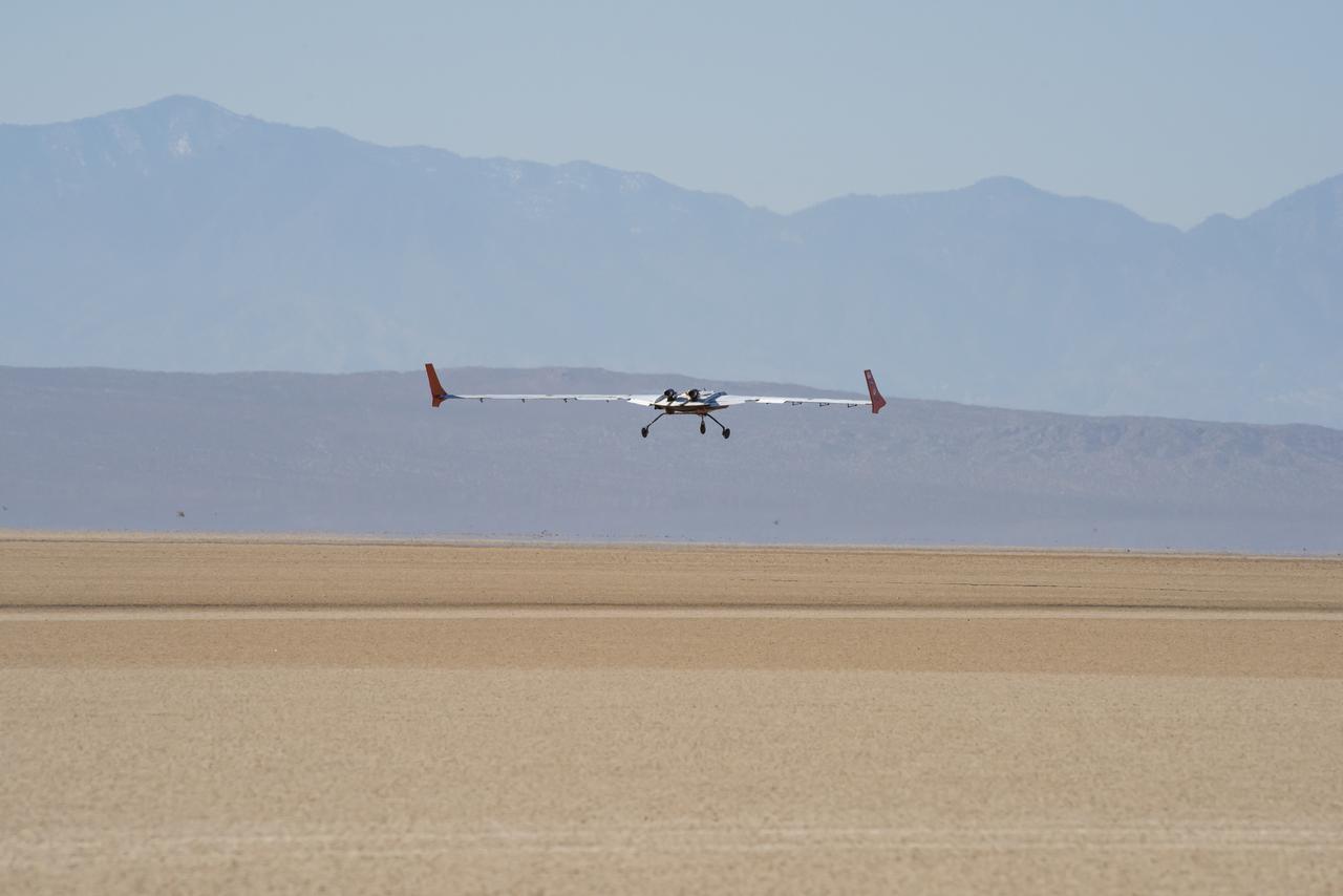 The X-56B remotely piloted aircraft prepares for a landing following the first of a new flight series. The flight was April 19 at NASA's Armstrong Flight Research Center in Edwards, California, with partner Northrop Grumman.