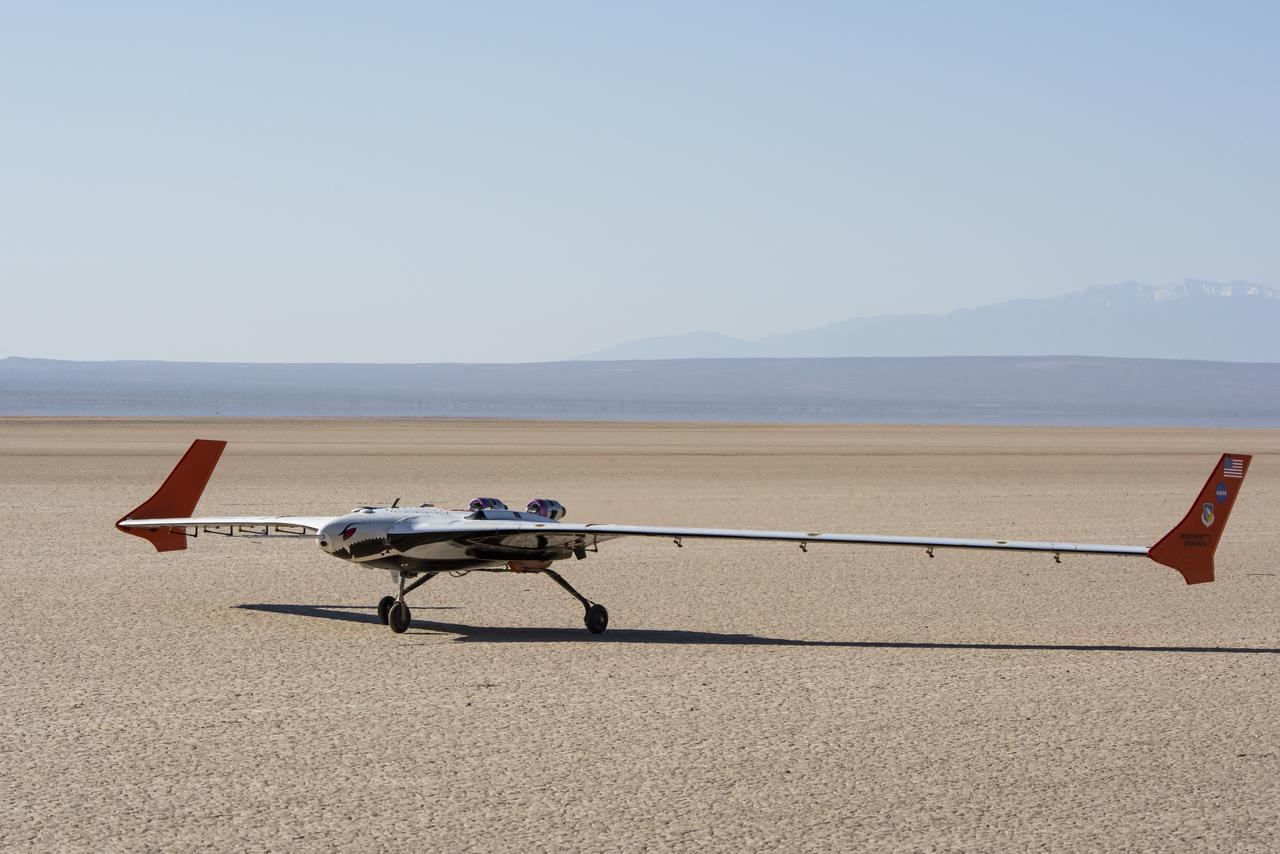 The X-56B remotely piloted aircraft lands following the first of a new flight series. The flight was April 19 at NASA's Armstrong Flight Research Center in Edwards, California, with partner Northrop Grumman.