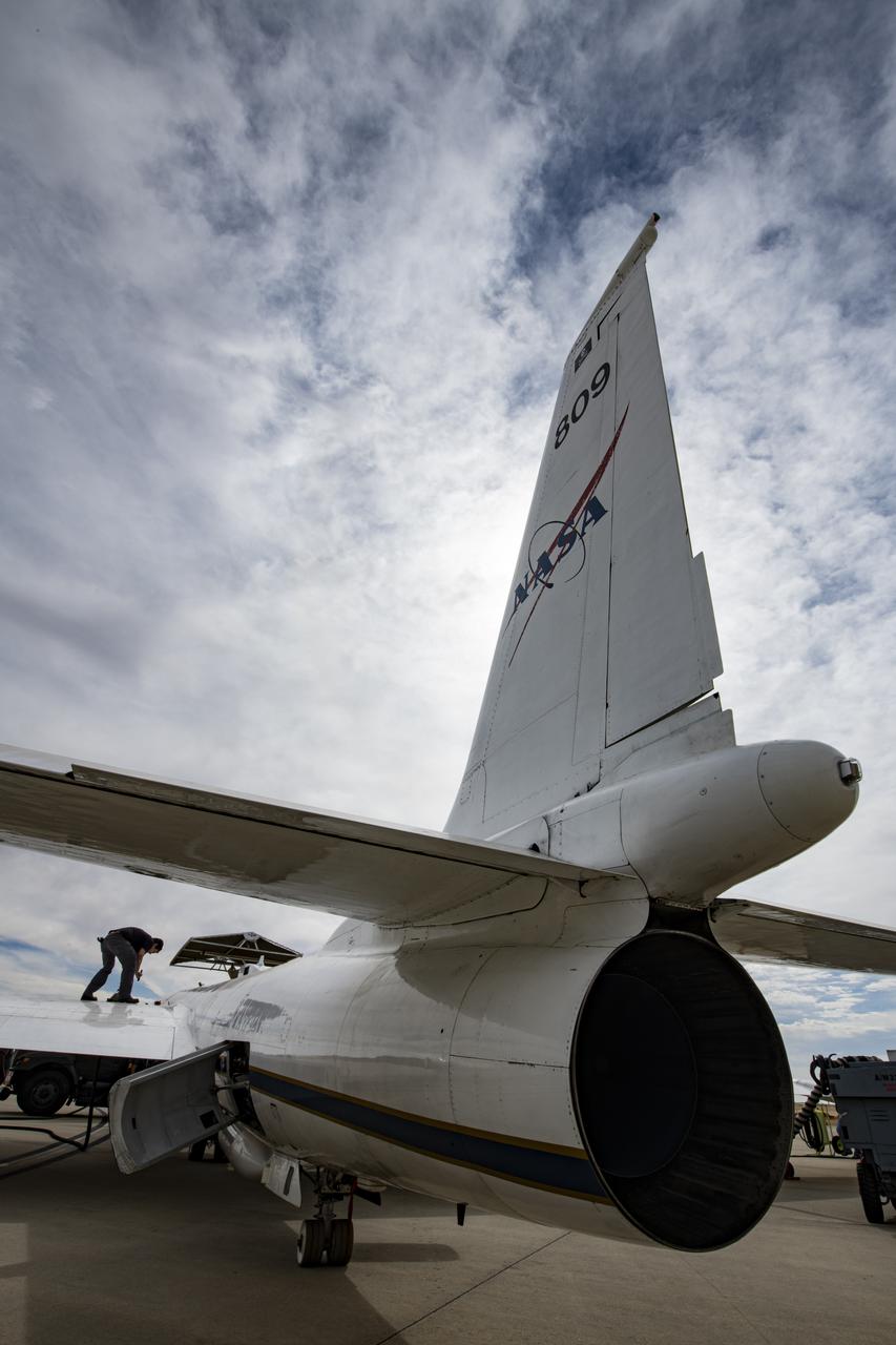 NASA's Armstrong Flight Research Center ER-2 #809 high-altitude aircraft prepped for Dynamics and Chemistry of the Summer Stratosphere (DCOTSS) science flights in Palmdale, CA.