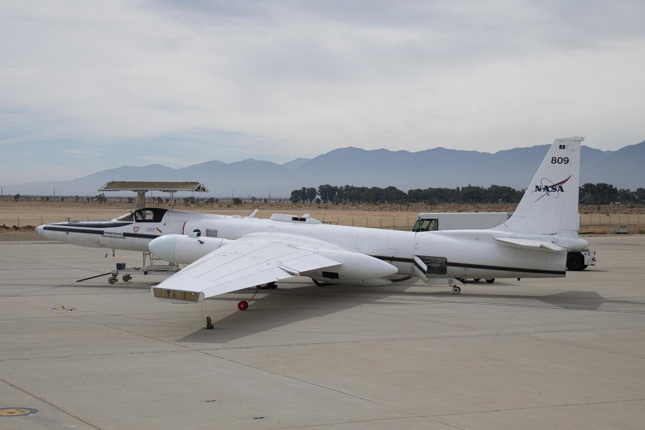 NASA's Armstrong Flight Research Center ER-2 #809 high-altitude aircraft prepped for Dynamics and Chemistry of the Summer Stratosphere (DCOTSS) science flights in Palmdale, CA.