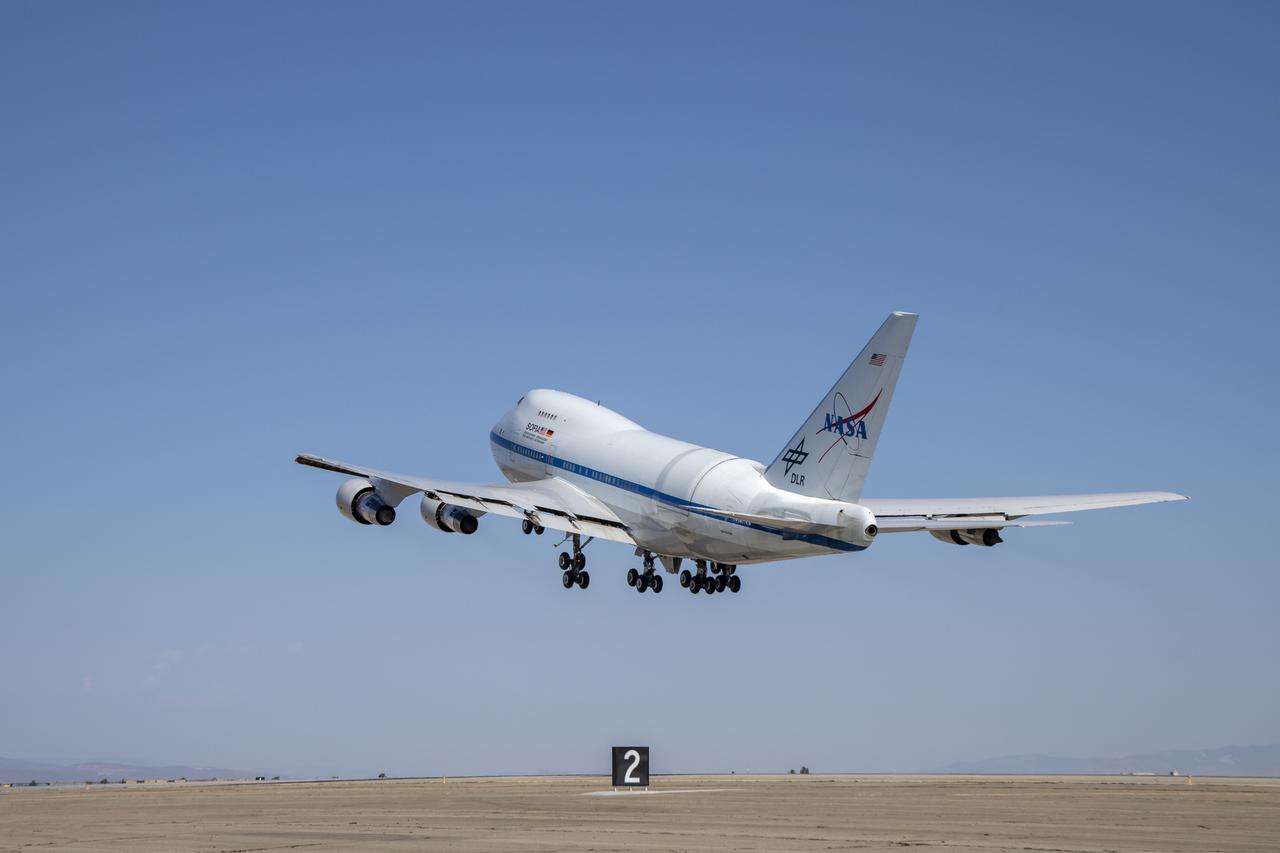 NASA’s Stratospheric Observatory for Infrared Astronomy, SOFIA, takes off from its base of operations at NASA’s Armstrong Flight Research Center’s Building 703 in Palmdale, California. The aircraft is on its way to Fa’a’ā, French Polynesia where it will be on a mission from July 19 to Sept. 12 to observe parts of the sky that are not visible from the Northern Hemisphere. NASA’s Stratospheric Observatory for Infrared Astronomy, SOFIA, takes off from its base of operations at NASA’s Armstrong Flight Research Center’s Building 703 in Palmdale, California. The aircraft is on its way to Fa’a’ā, French Polynesia where it will be on a mission from July 19 to Sept. 12 to observe parts of the sky that are not visible from the Northern Hemisphere.