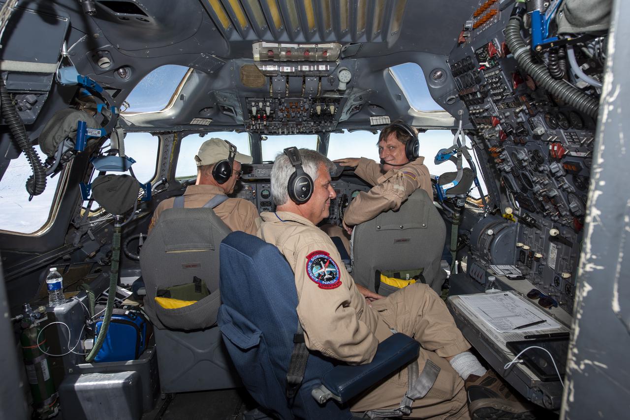 NASA's Armstrong Flight Research Center flies the DC-8 airborne science laboratory in support of the Convective Processes Experiment - Aerosols and Winds campaign, CPEX-AW, on Aug 6, 2021. From left to right: Nils Larson, David Fedors and Mark Crane