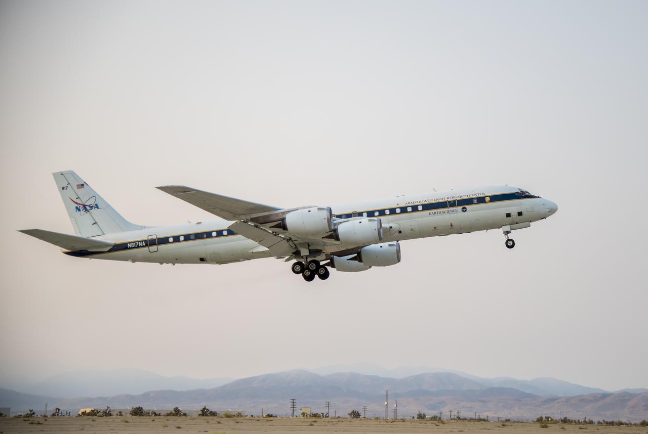 NASA's DC-8 taking off to St. Croix in support of the Convective Processes Experiment - Aerosols and Winds campaign (CPEX-AW) on Aug 17, 2021.