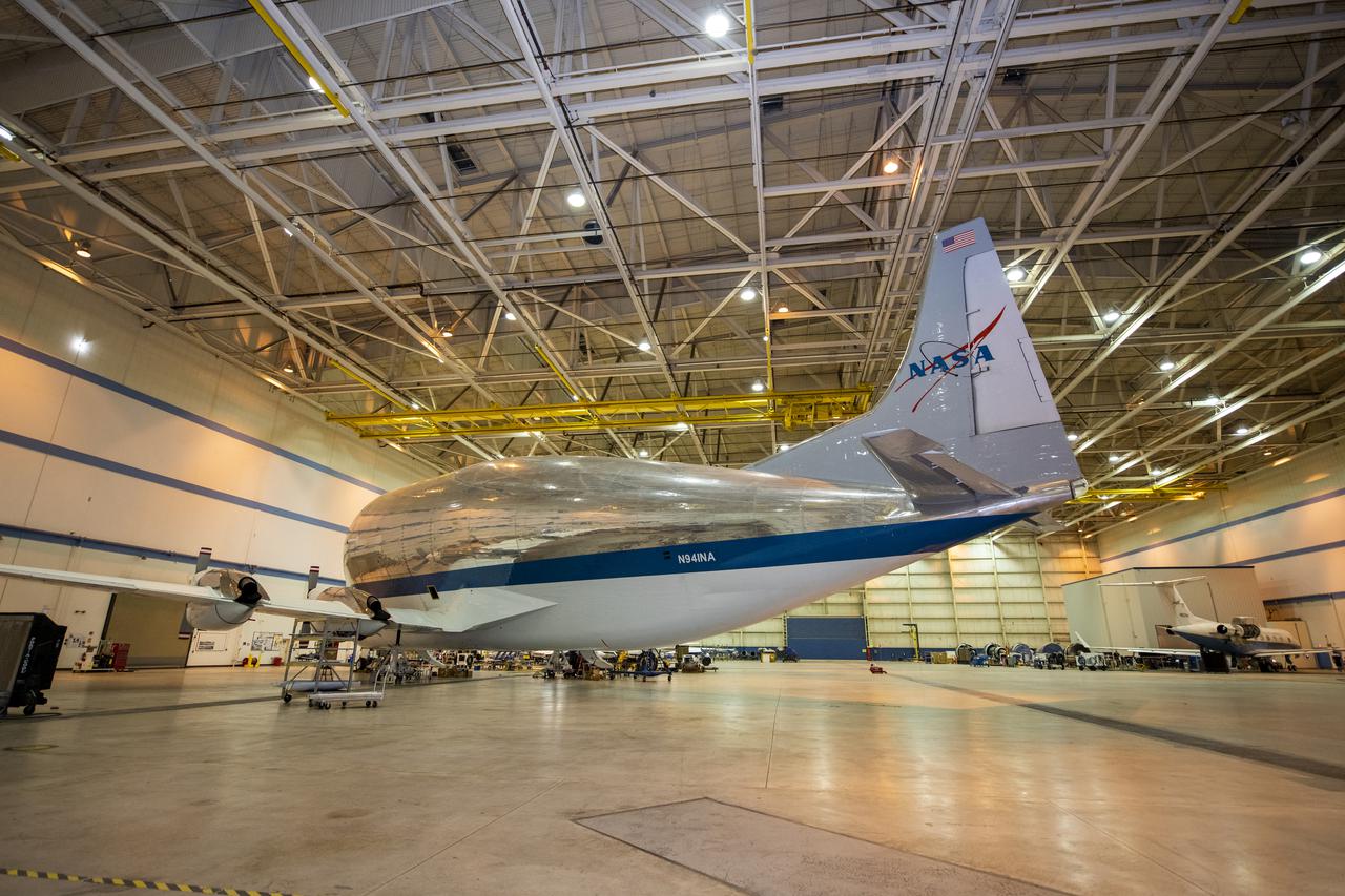 NASA’s Super Guppy Turbine cargo aircraft in the hangar at NASA’s Armstrong Flight Research Center on August 24, 2021. This unique whale-like aircraft arrived at the center’s Building 703 in Palmdale, CA to support crews in the performance of routine maintenance. The Super Guppy aircraft, operated by NASA’s Johnson Space Center, aids in the transportation of oversized aerospace cargo in a practical and economical way.