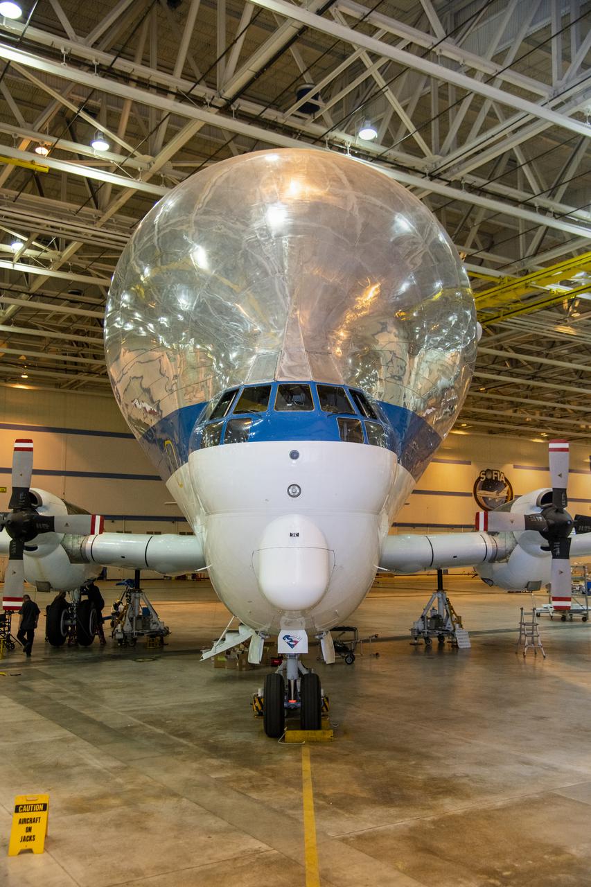 NASA’s Super Guppy Turbine cargo aircraft in the hangar at NASA’s Armstrong Flight Research Center on August 24, 2021. This unique whale-like aircraft arrived at the center’s Building 703 in Palmdale, CA to support crews in the performance of routine maintenance. The Super Guppy aircraft, operated by NASA’s Johnson Space Center, aids in the transportation of oversized aerospace cargo in a practical and economical way.