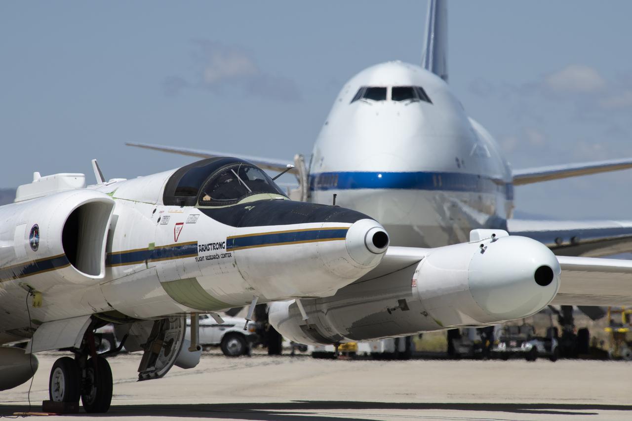 NASA's ER-2 and SOFIA at Armstrong Flight Research Center Building 703 in Palmdale, California.